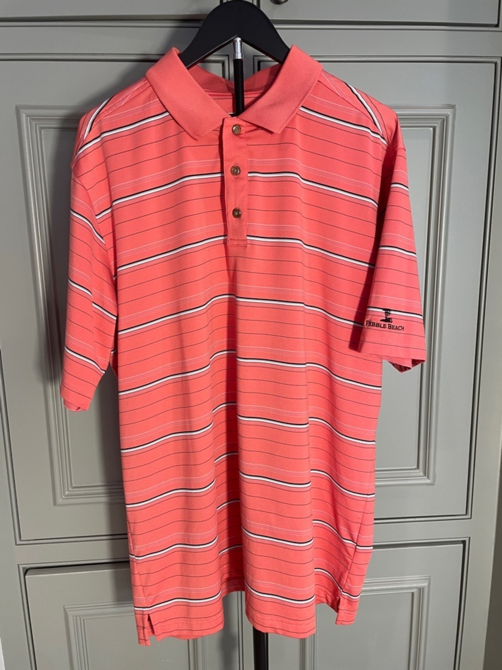Pebble Beach Logo Dry Luxe Moisture Wicking Performance Coral & White Polo Golf
